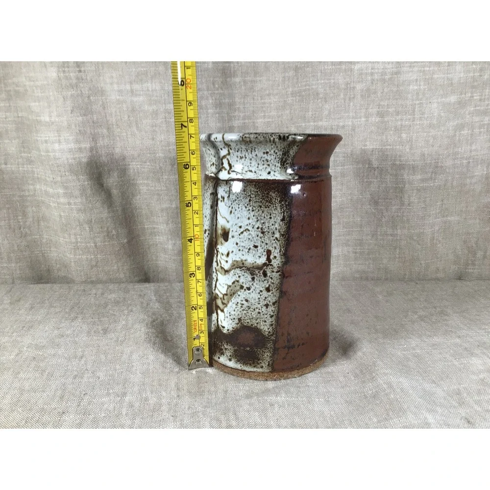 Vase Good Vintage Studio Pottery Brown White Drip Glaze Stoneware 7.5in